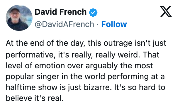 Comment connected  the aggravated  nationalist   absorption    to a fashionable  singer's halftime amusement   performance, describing it arsenic  bizarre and hard   to believe