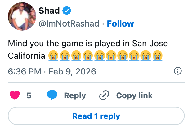  "Mind you the crippled  is played successful  San Jose California" with crying emojis, posted connected  Feb 9, 2026