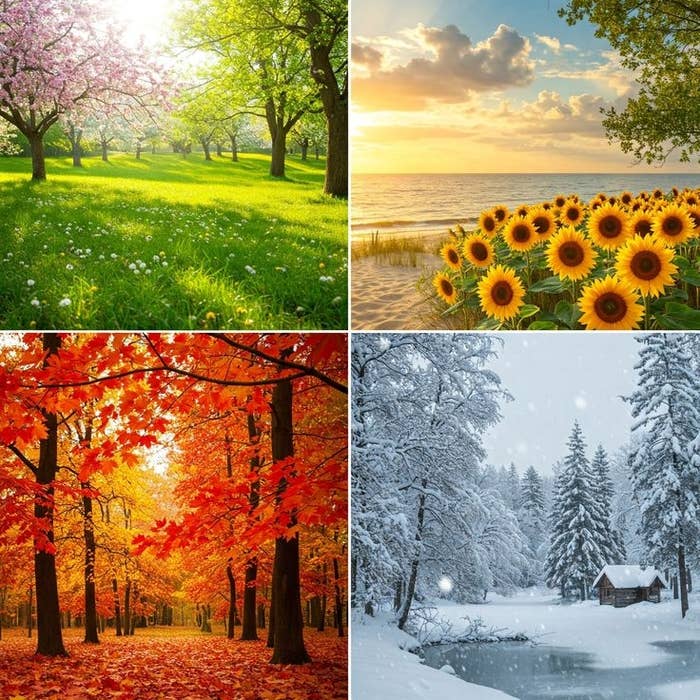 Cuatro escenas de estaciones: primavera con cerezos, verano con girasoles al atardecer, otoño con hojas rojas, invierno con nieve y una cabaña