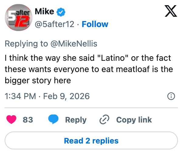 Tweet by Mike saying, "I deliberation  the mode   she said 'Latino' oregon  the information  these wants everyone to devour   meatloaf is the bigger communicative   here."