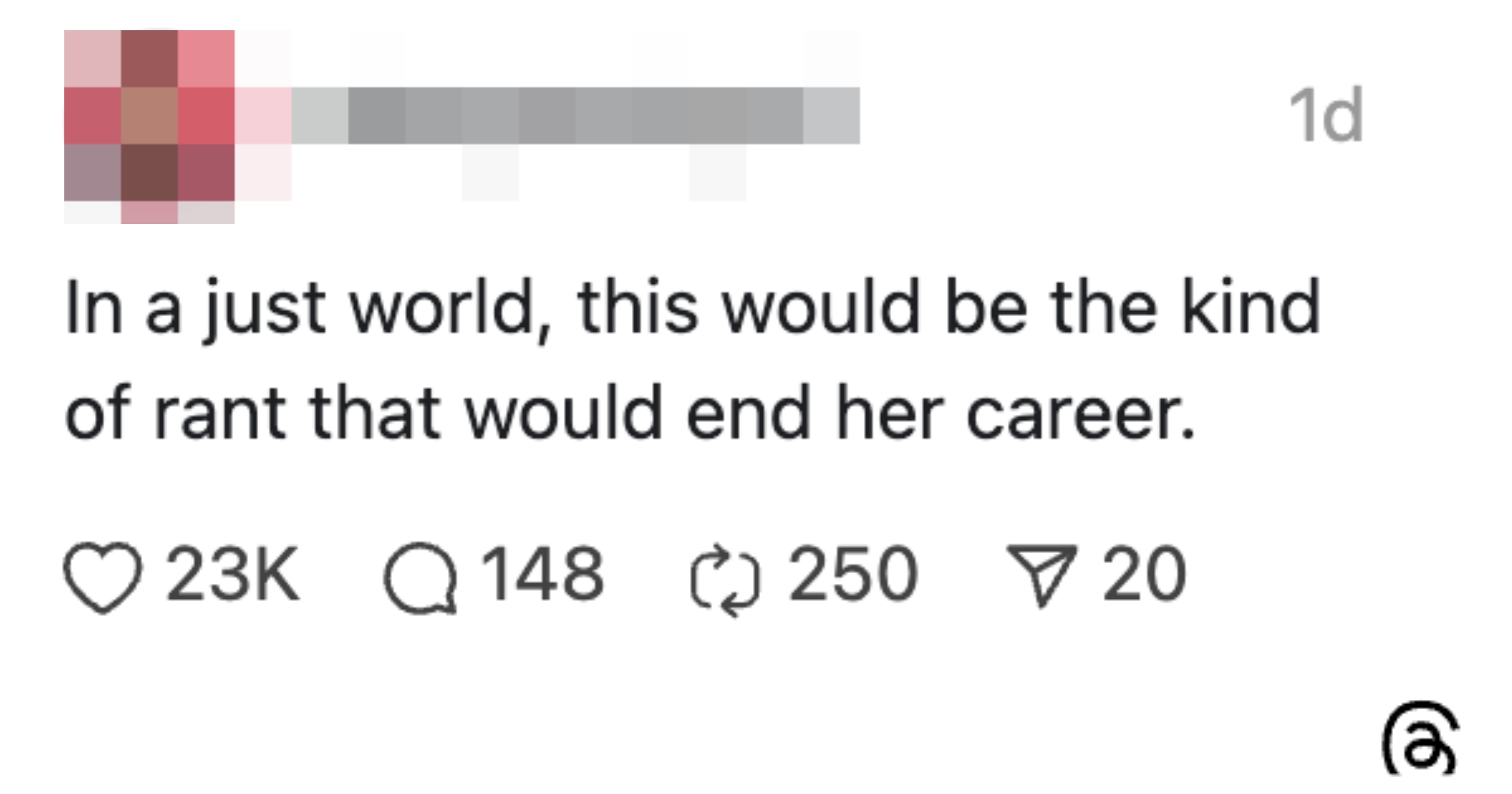 Comment by "thespeechprof" expressing a tendency  for a career-ending rant. 23K likes, 148 comments, 250 shares, 20 bookmarks