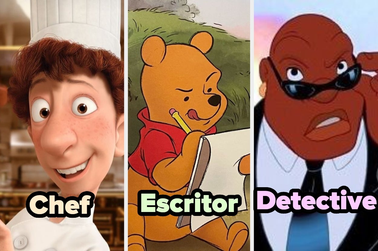 Tres imágenes: un chef animado sonriendo con gorro, Winnie the Pooh escribiendo y un personaje animado detective con gafas negras