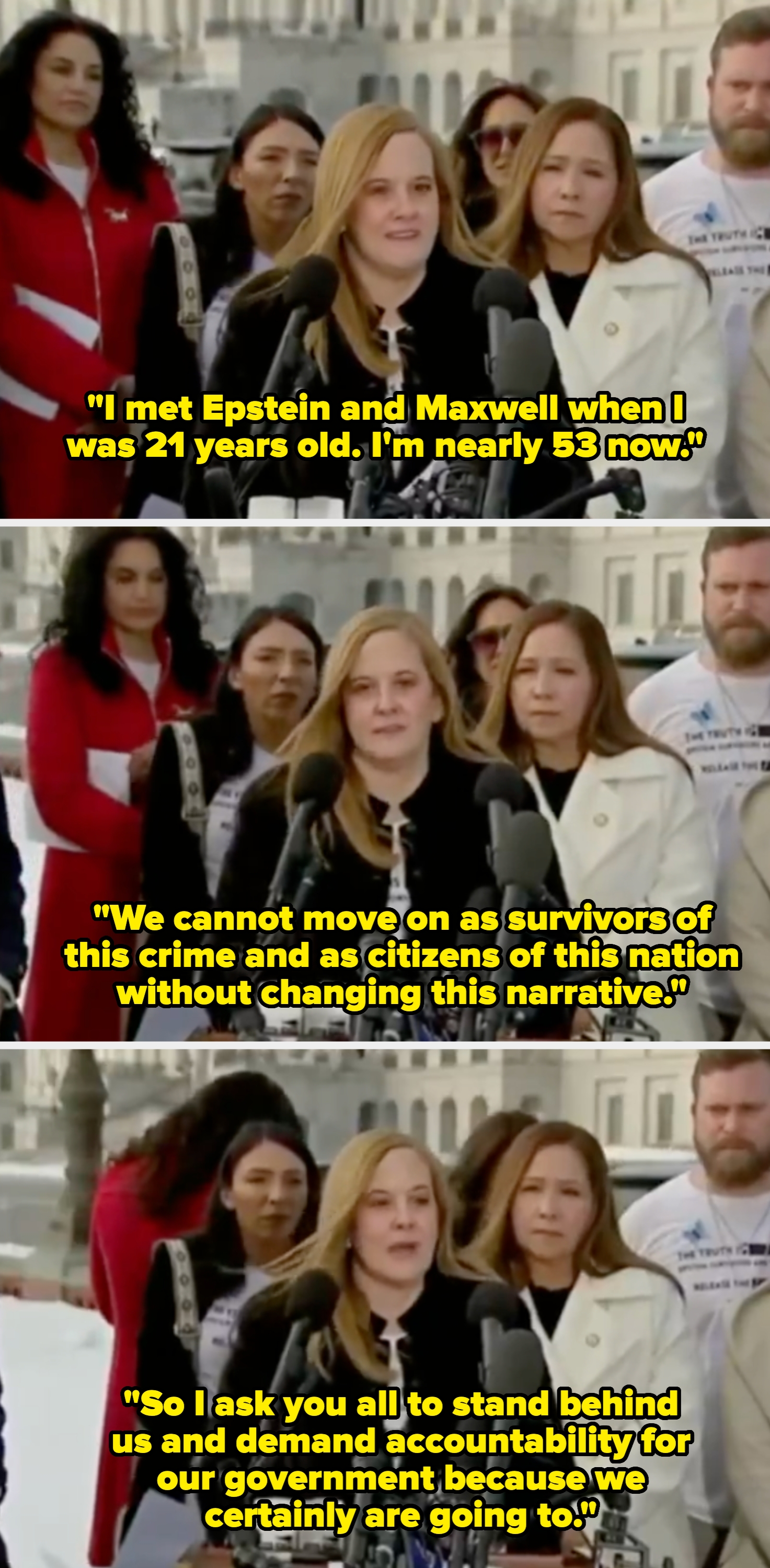 A radical  of radical   basal   astatine  microphones successful  beforehand   of a authorities  building, appearing to code  the media