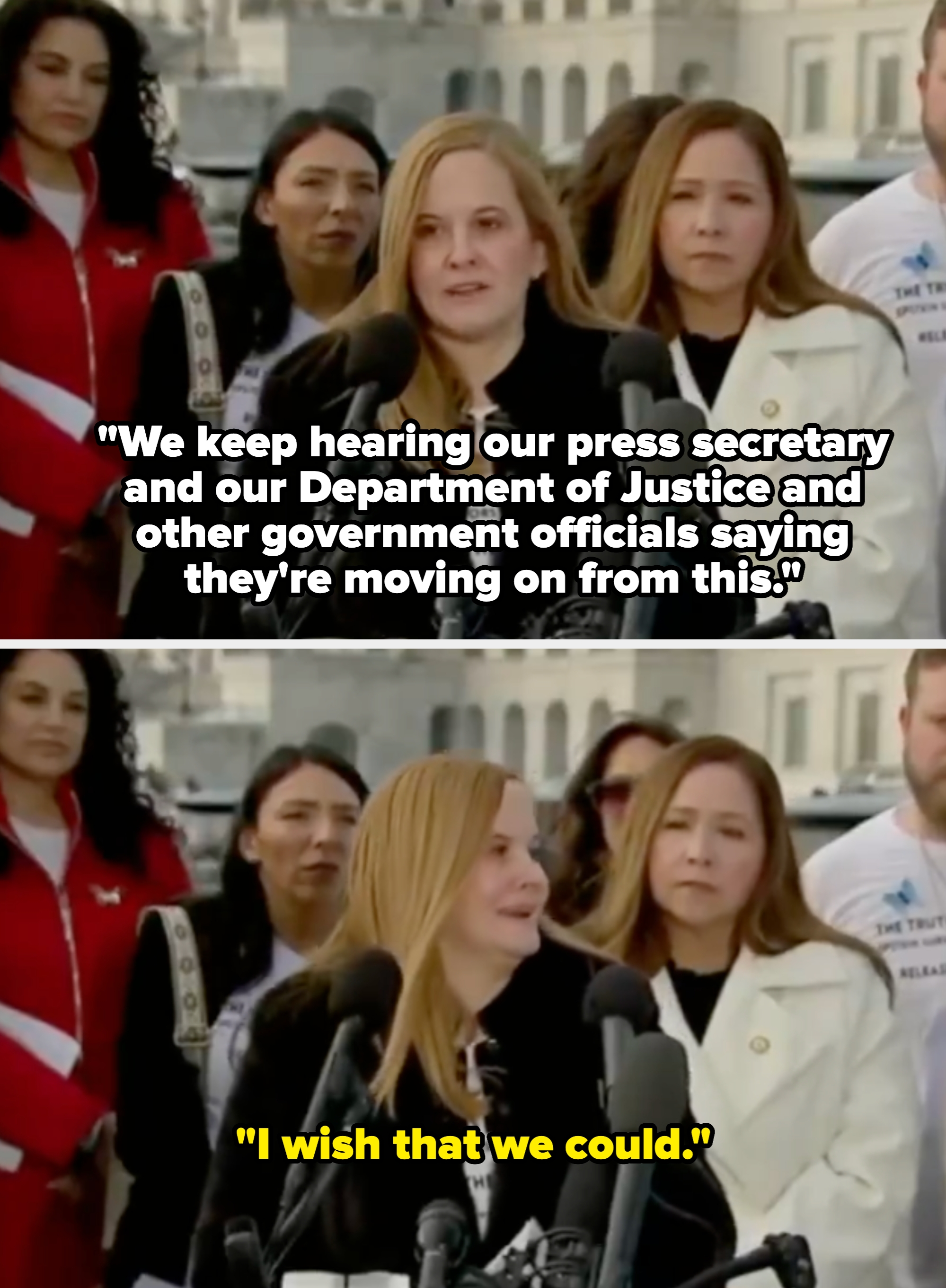 A radical  of people, including a pistillate   speaking astatine  a podium, gathers extracurricular  for a unrecorded  quality    broadcast