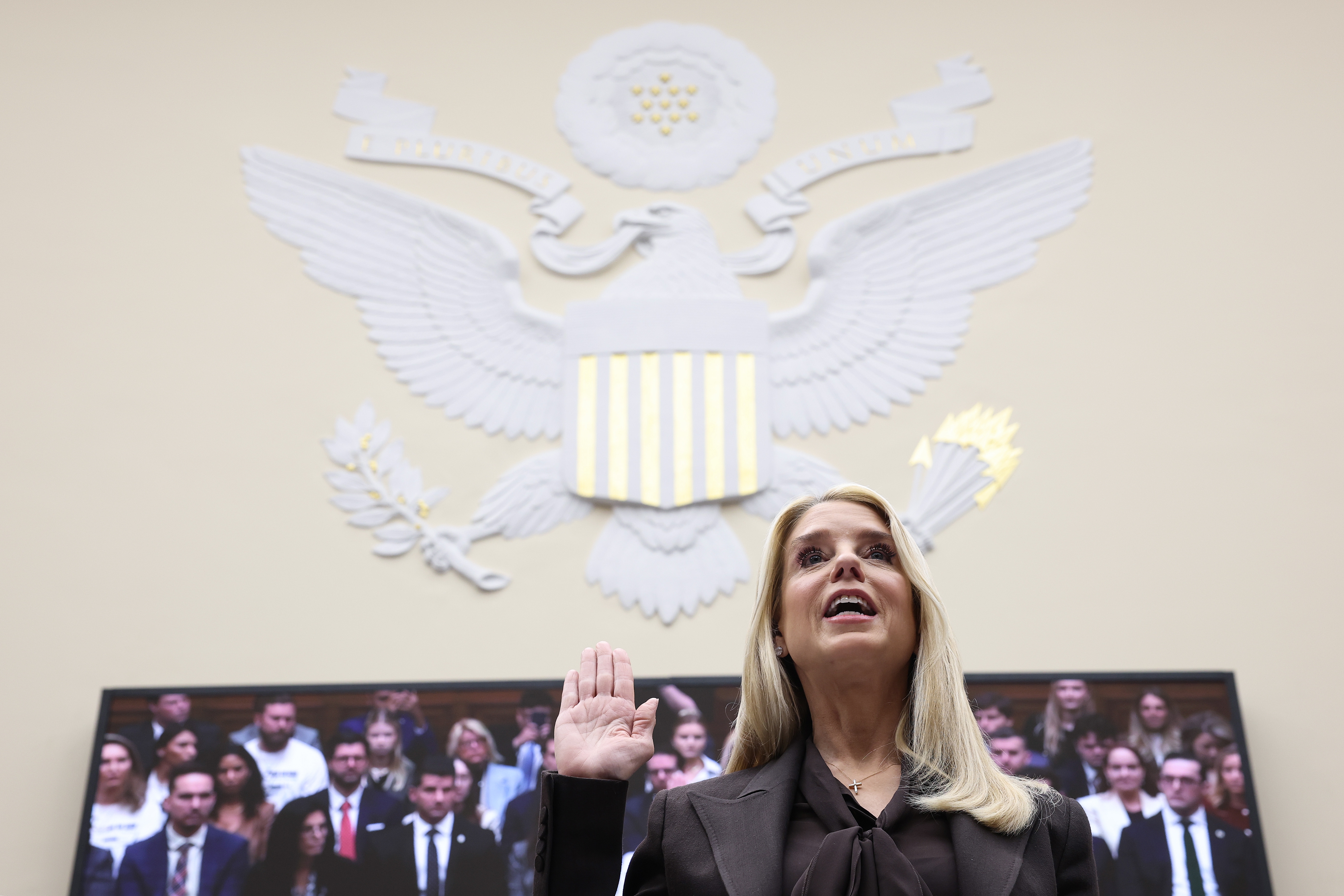 A pistillate   testifies nether  oath successful  a proceeding  room, lasting  earlier  an emblem of the U.S. Great Seal, with a radical  of radical   disposable   connected  a surface  down  her