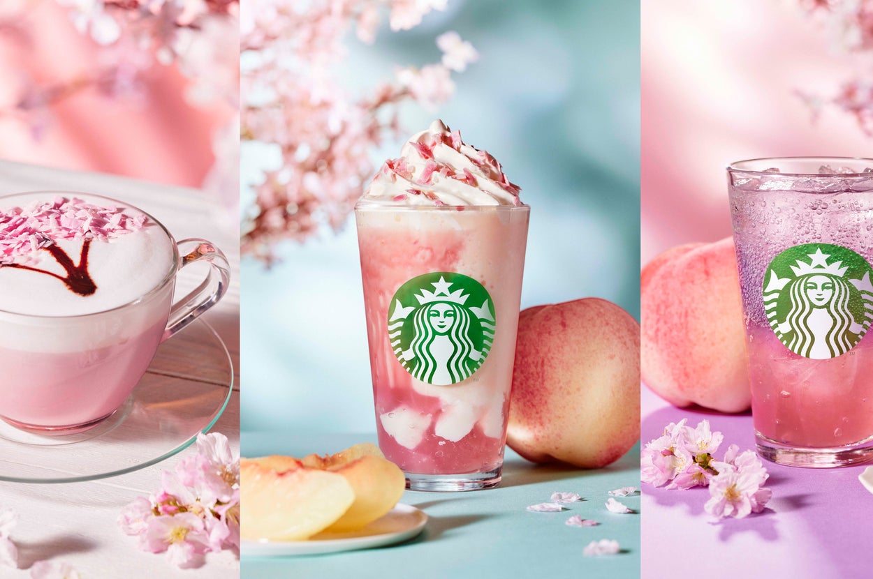 3種類の桜と桃をテーマにしたスターバックスのドリンクが並んでいる。
