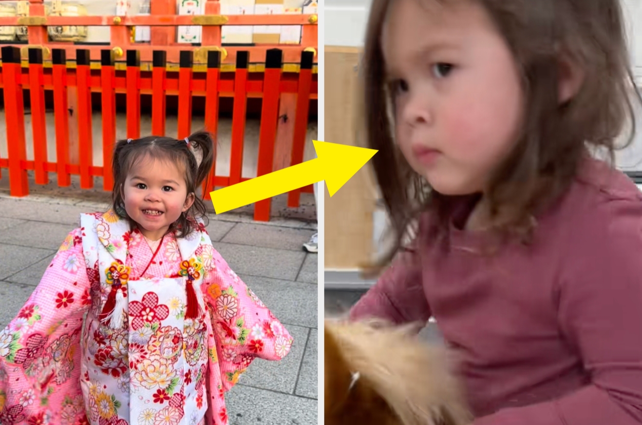2枚の子供の写真。左は伝統的な和服を着て微笑む子供。右はカジュアルな服を着て何かをじっと見つめる子供。