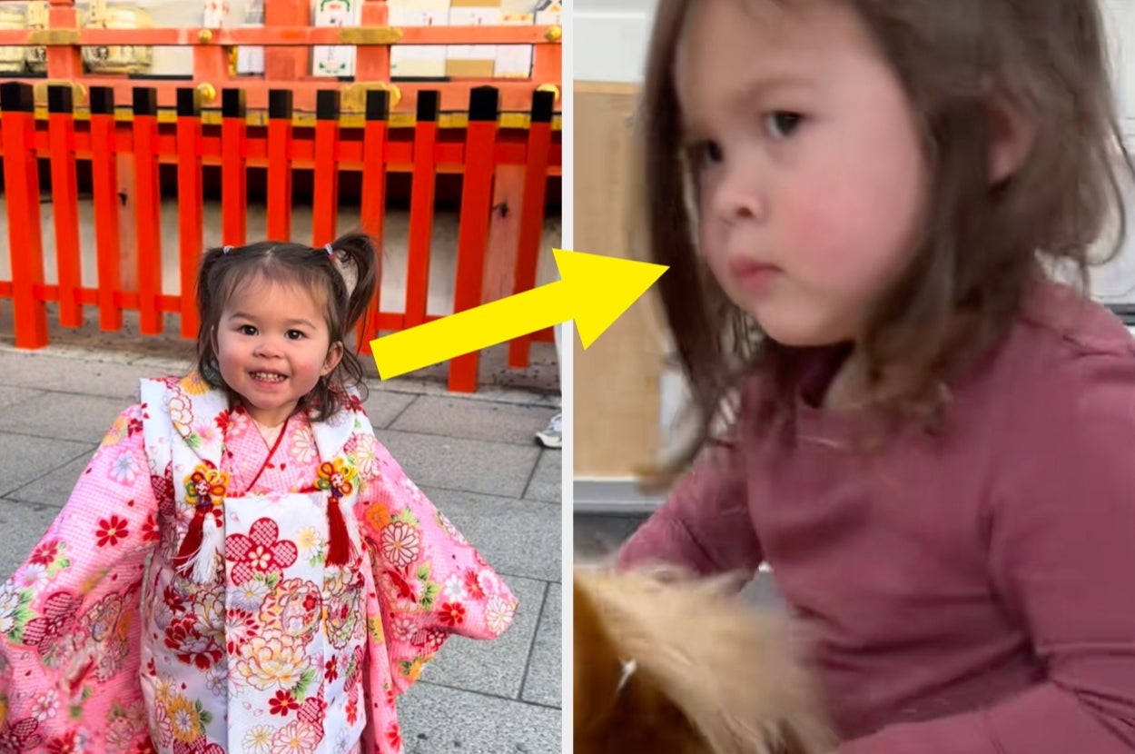 2枚の子供の写真。左は伝統的な和服を着て微笑む子供。右はカジュアルな服を着て何かをじっと見つめる子供。