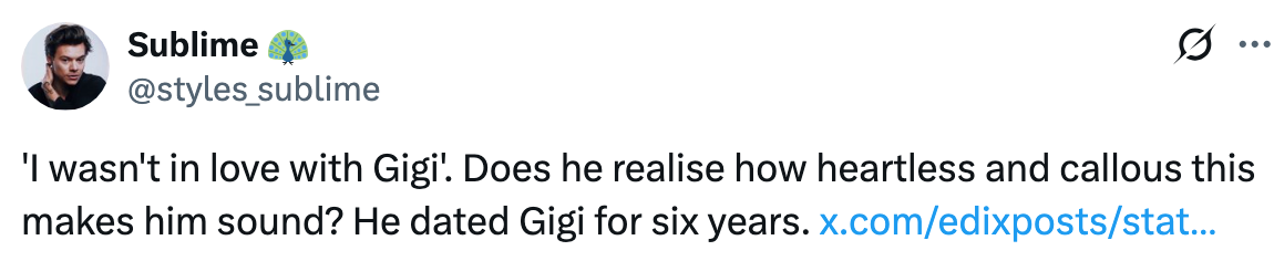 Tweet discussing a person's deficiency  of emotion  for Gigi and questioning the insensitivity of the connection    fixed  a six-year relationship