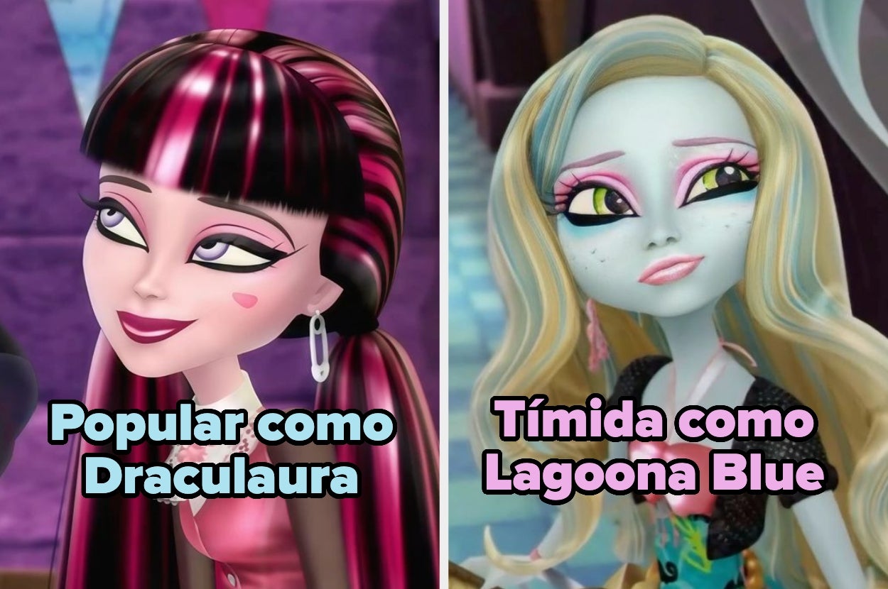 Dos personajes animados uno junto al otro, con texto: "Popular como Draculaura" y "Tímida como Lagoona Blue"