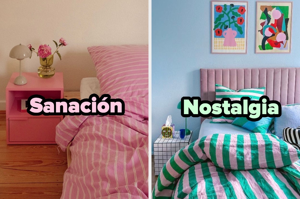 Dos habitaciones con estilos diferentes: a la izquierda, minimalista con rosa y "Sanación"; a la derecha, colorida con cuadros y "Nostalgia"