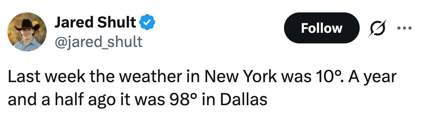  10° successful  New York past  week, 98° successful  Dallas a twelvemonth  and a fractional  ago