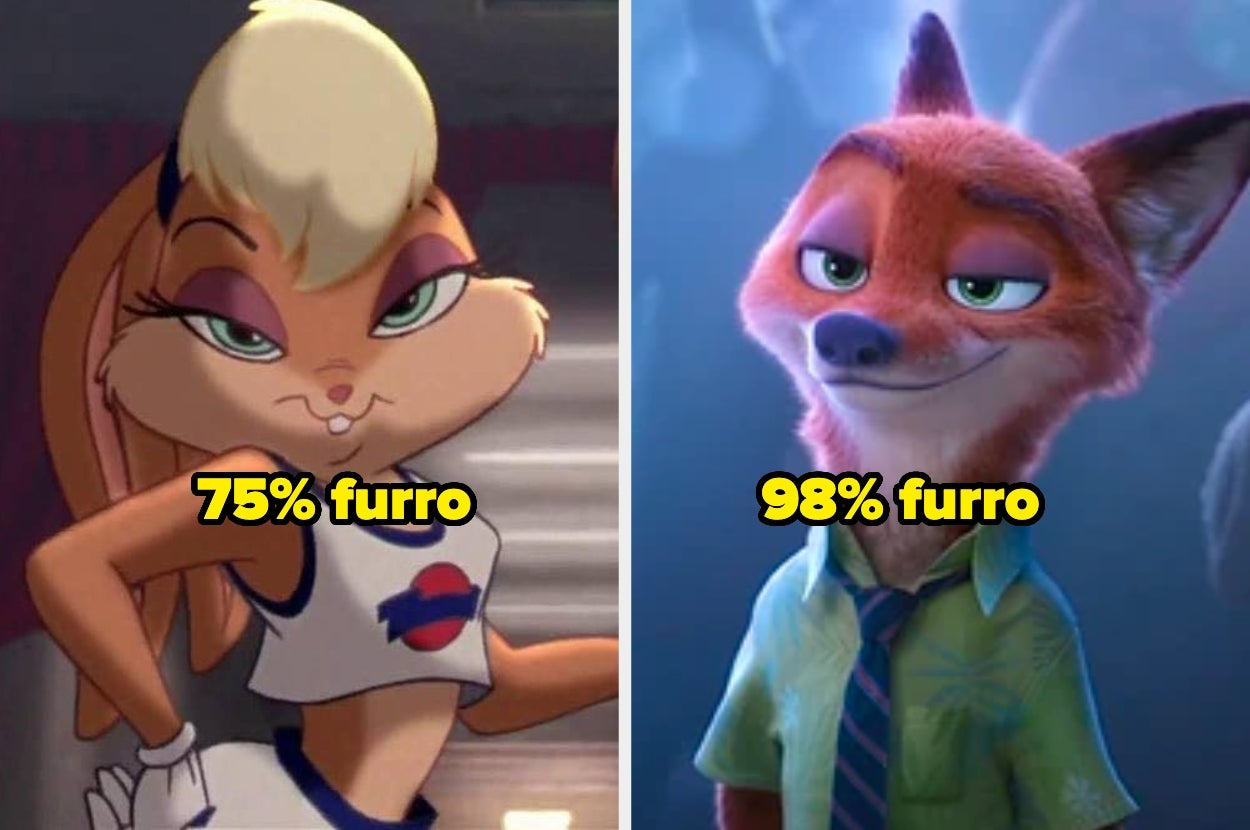 Dos personajes animados con orejas largas. Texto sobre cada uno: "75% furro" y "98% furro", indicando niveles de antropomorfismo