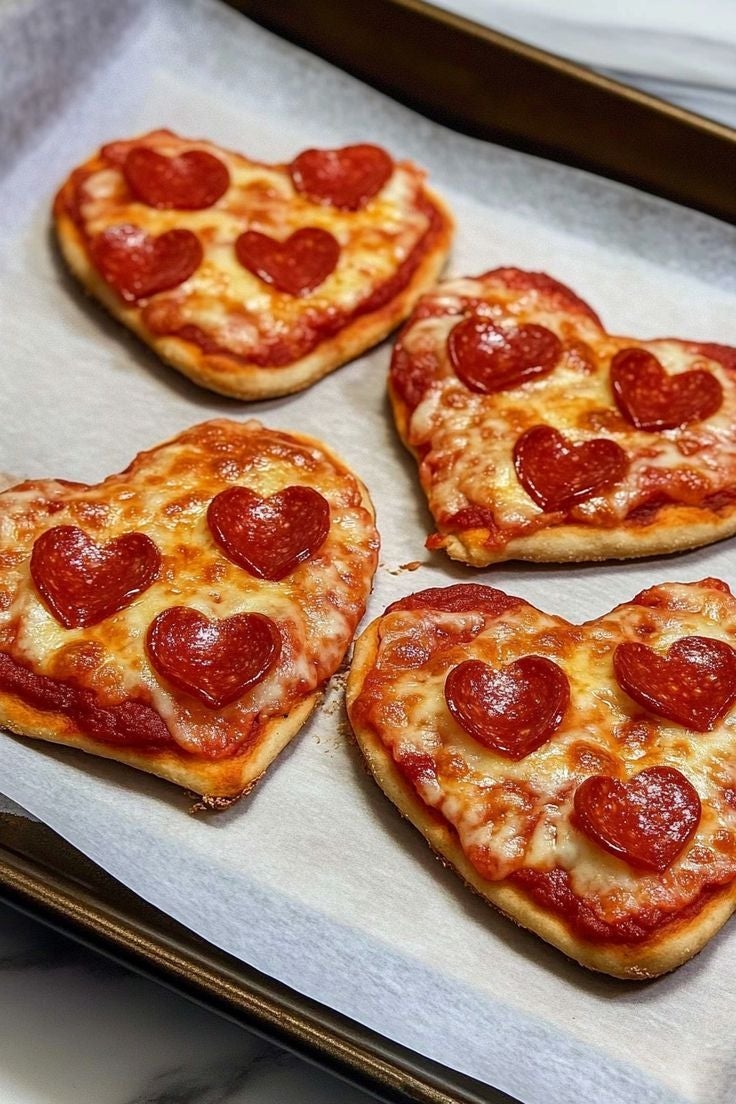 Pizzas en forma de corazón con rodajas de pepperoni en forma de corazón en una bandeja