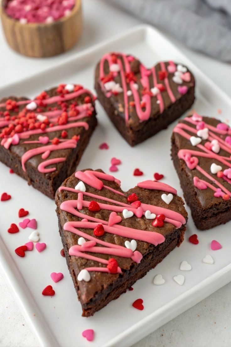 Brownies en forma de corazón decorados con glaseado y corazones de azúcar sobre un plato blanco