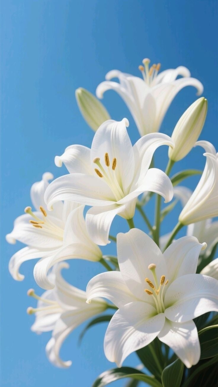 Flores de lirio en plena floración contra un cielo azul, simbolizando la pureza y la serenidad