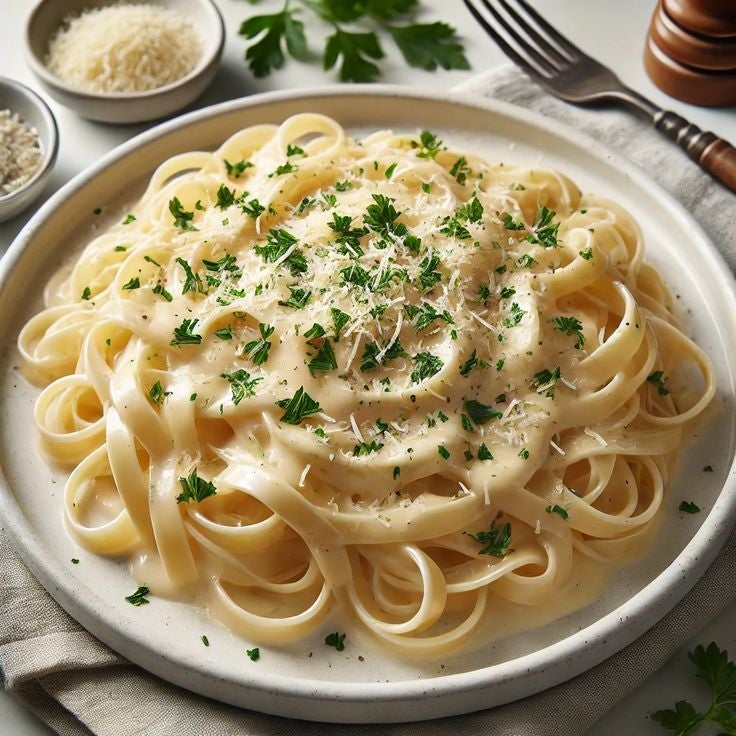 Plato de fettuccine cubierto con salsa cremosa, adornado con perejil fresco rallado y queso parmesano
