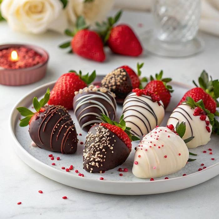 Fresas cubiertas de chocolate oscuro y blanco adornadas con chispas y decoraciones en un plato sobre una mesa de mármol