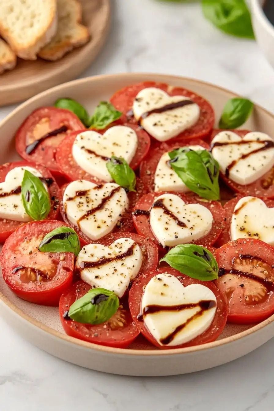 Ensalada caprese con rodajas de tomate, mozzarella en forma de corazón, albahaca y reducción de balsámico