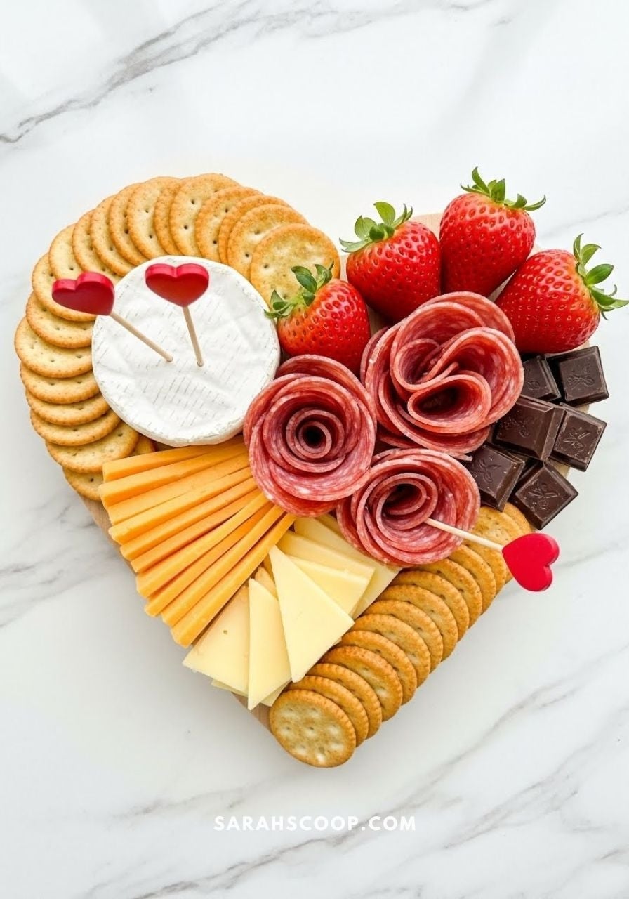 Tabla de quesos en forma de corazón con galletas, fresas, rodajas de salami, cuadrados de chocolate y corazones decorativos