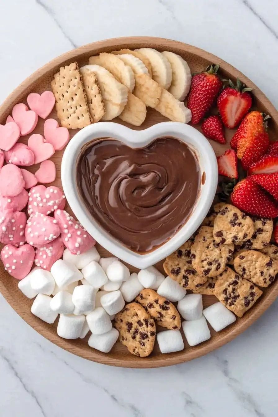 Plato con fresas, galletas, malvaviscos y corazones de merengue alrededor de un recipiente de chocolate derretido en forma de corazón
