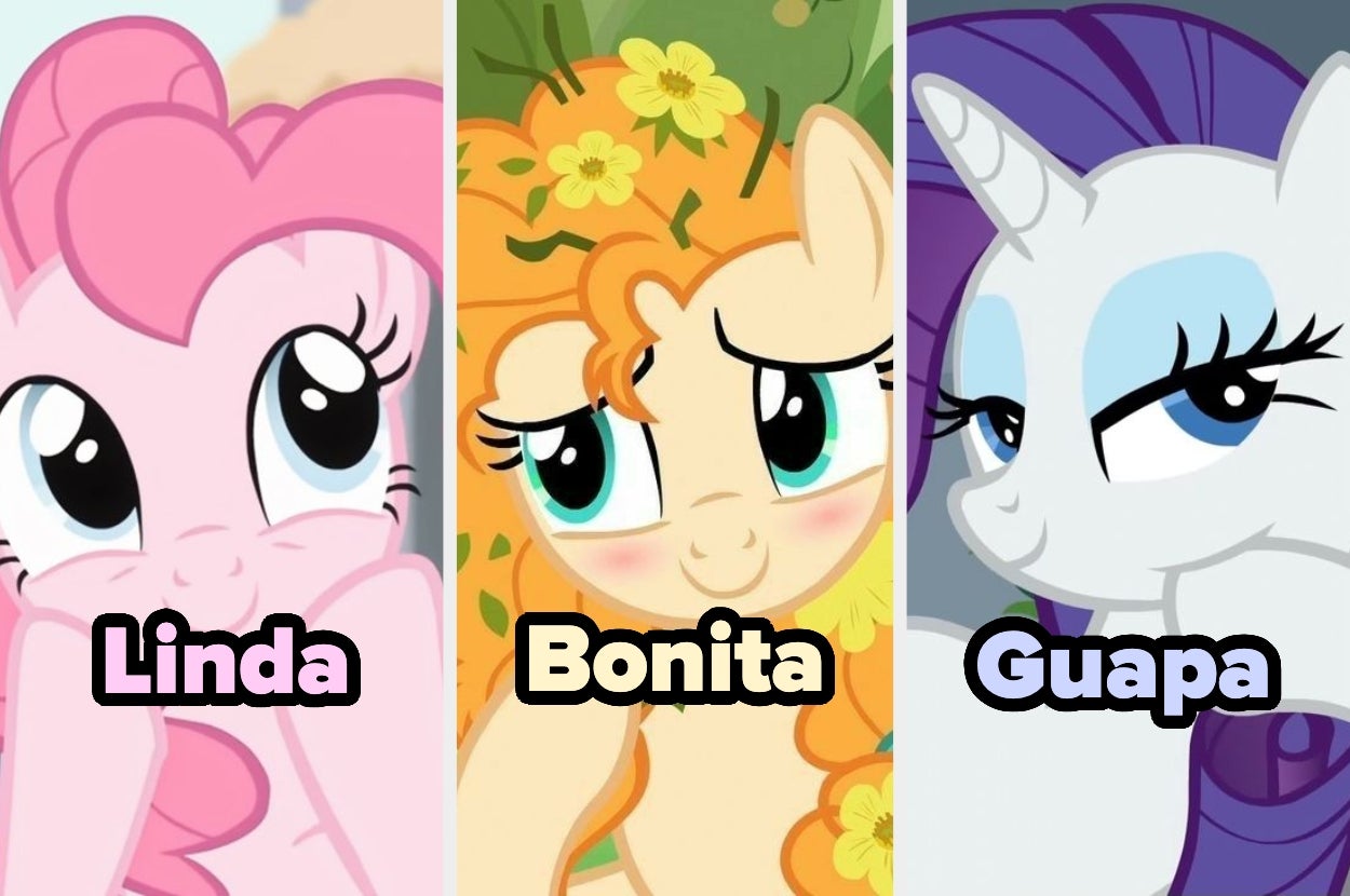 Tres personajes de dibujos animados con características únicas y expresiones alegres, cada uno con una etiqueta: Linda, Bonita, Guapa