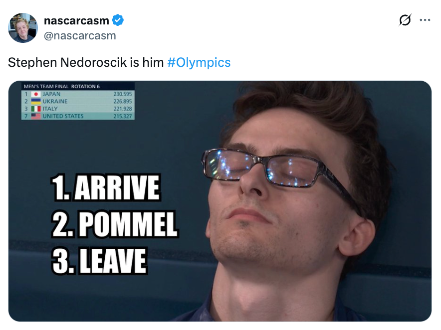  1. Arrive 2. Pommel 3. Leave, followed by Olympics men's squad  scores