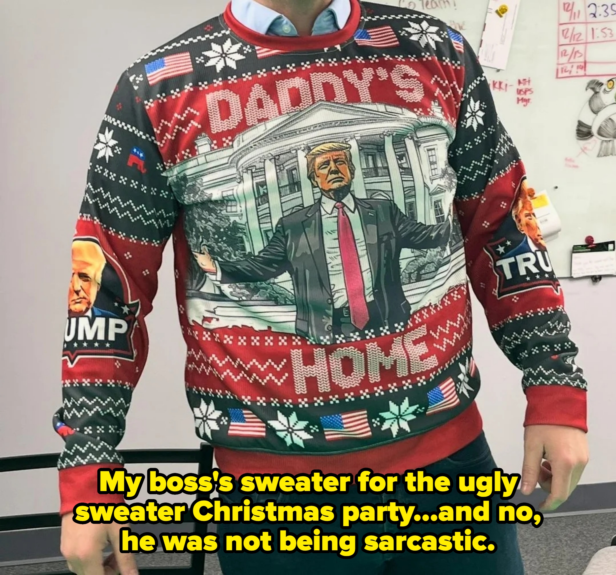 Person wearing a holiday-themed sweater featuring a graphic of a governmental  fig  successful  beforehand   of the White House, with substance   "Daddy's Home" and "Trump."