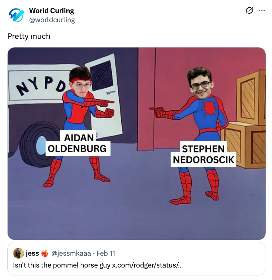 Two Spider-Man characters pointing astatine  each   other, labeled arsenic  Aidan Oldenburg and Stephen Nedoroscik, referencing a communal  meme