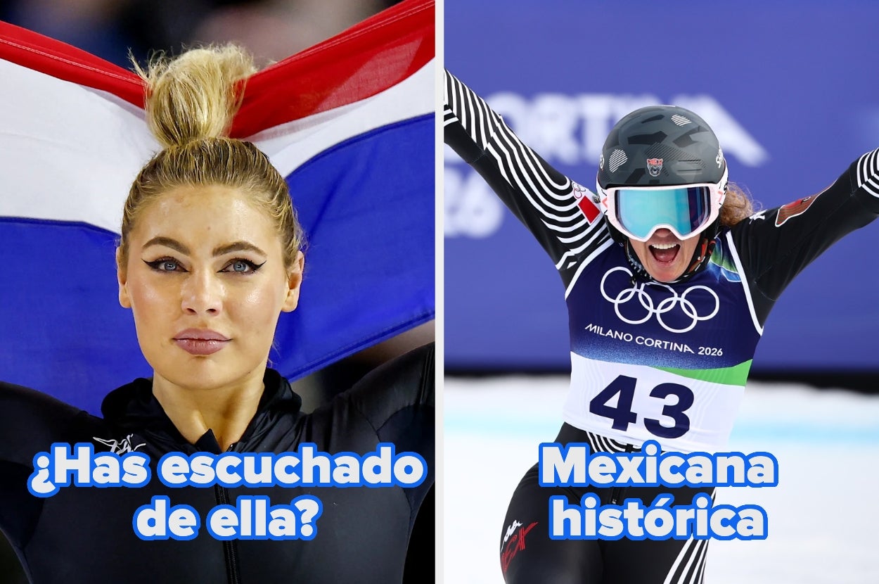 Split image: Left side shows a woman with an updo holding a flag. Right side shows a skier in Olympic gear with bib number 43, arms raised