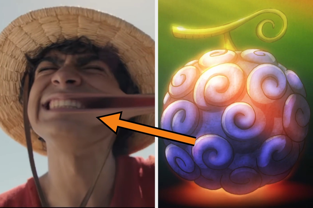 Person in straw hat stretches mouth with hand; arrow points to a spiraled fruit