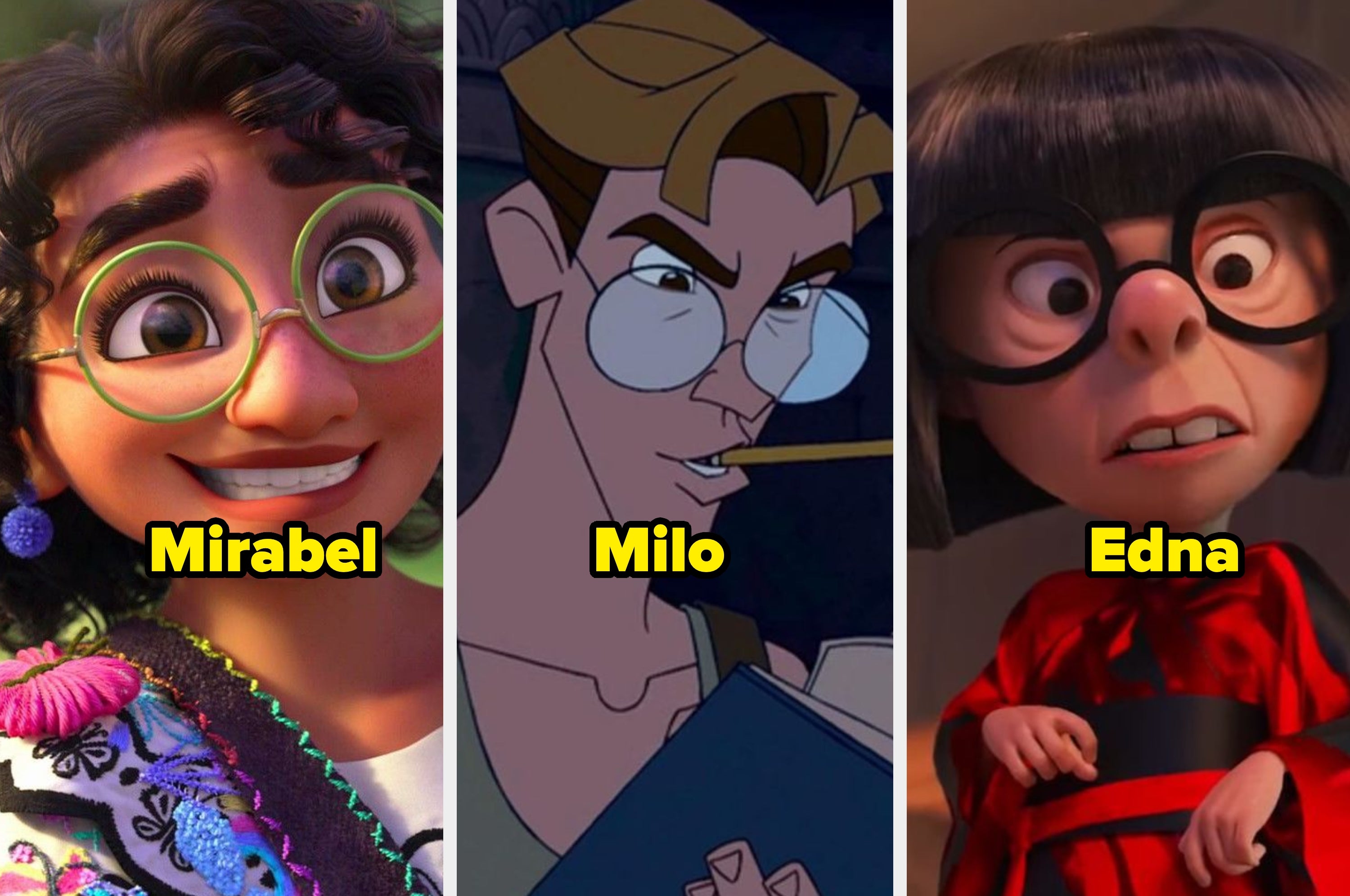 Tres personajes animados: Mirabel con gafas redondas, Milo con gafas y libro, y Edna con gafas grandes y abrigo rojo