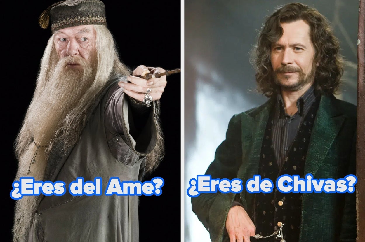 Two fictional characters with wands, each asking in Spanish if the viewer supports the "Ame" or "Chivas" sports teams