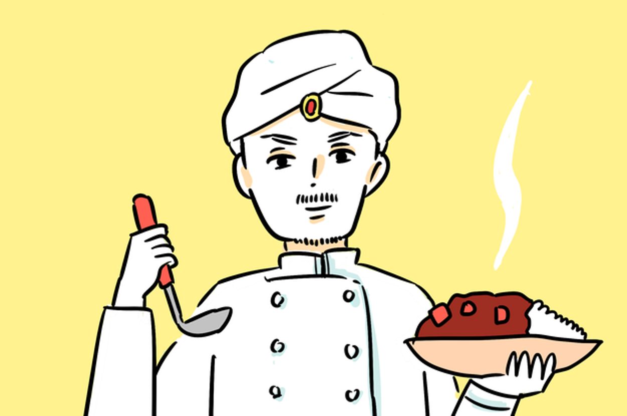 シェフ風の衣装を着た人物がカレーライスを持って微笑むイラスト。