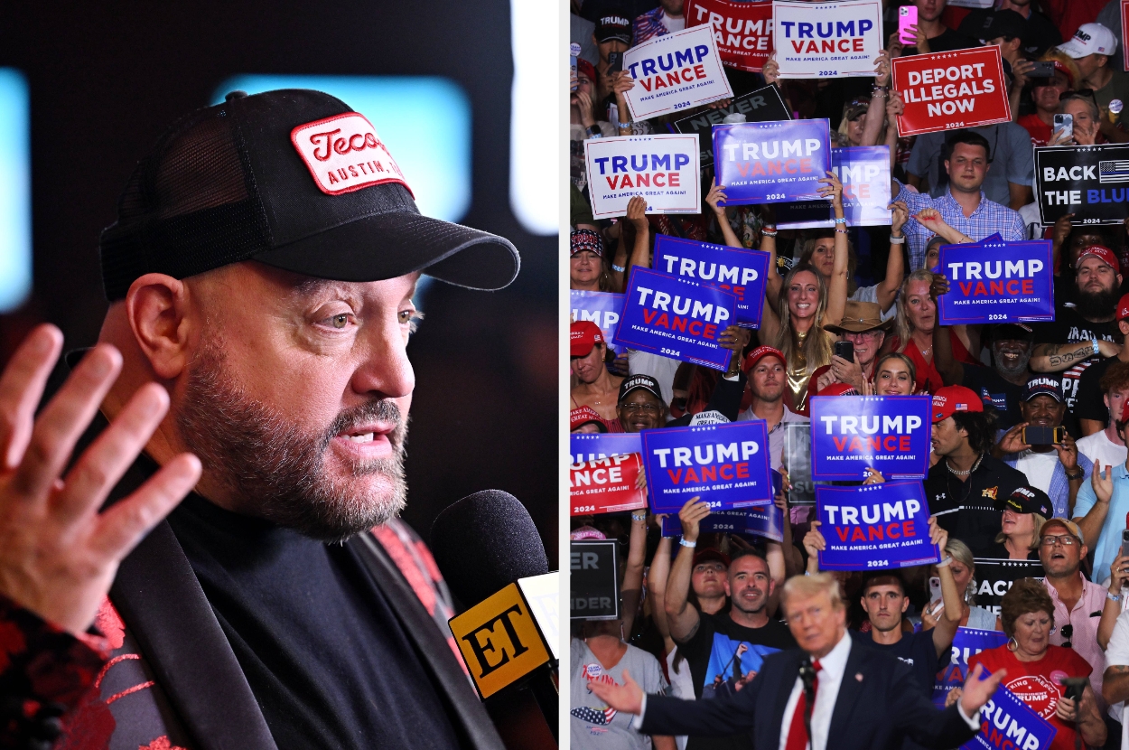 Person speaking into a microphone at an event; crowd holding political signs supporting Trump and Vance