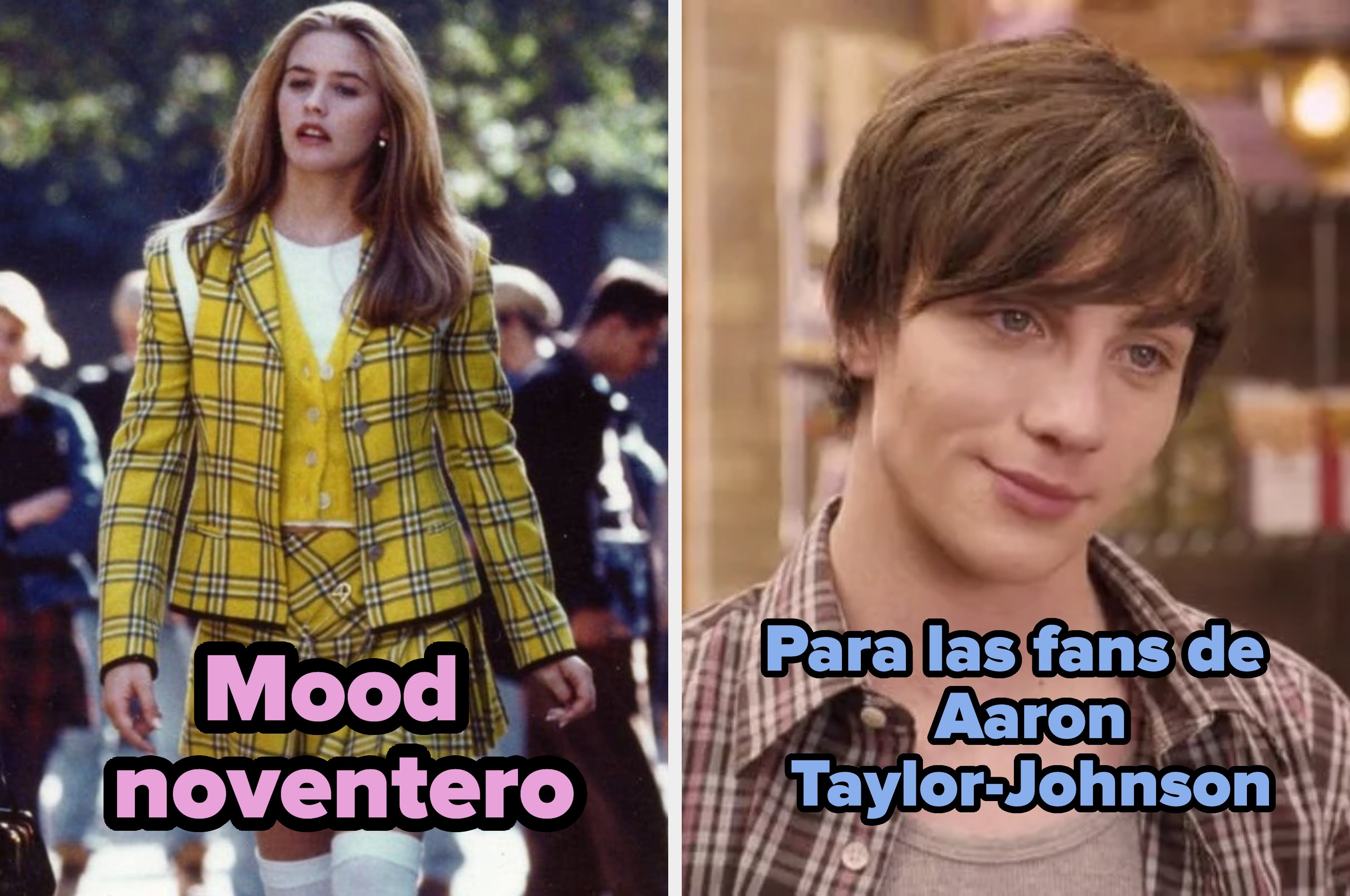 Left: Person in a plaid suit and white knee-high socks walking outdoors. Right: Person with short hair in a casual plaid shirt, indoors