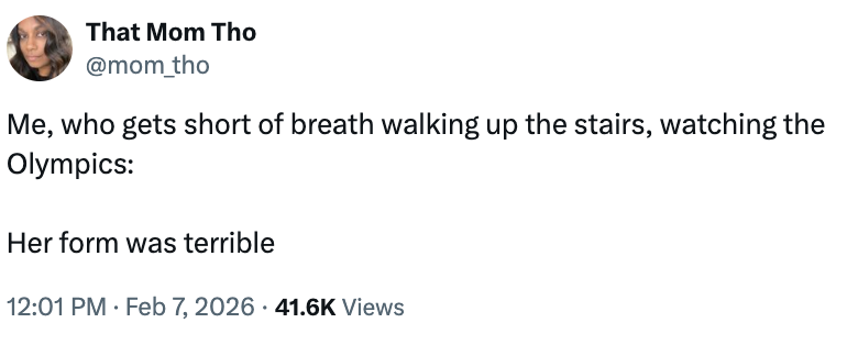 Tweet by @mom_tho humorously comparing idiosyncratic   fittingness  to Olympic athletes