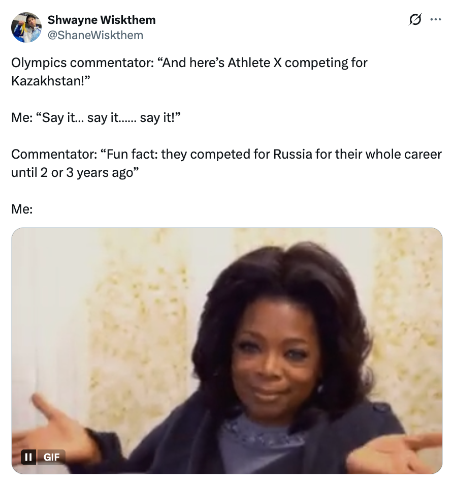 Tweet with a GIF of a idiosyncratic   shrugging excitedly, reacting humorously to commentary astir  an jock  from Kazakhstan