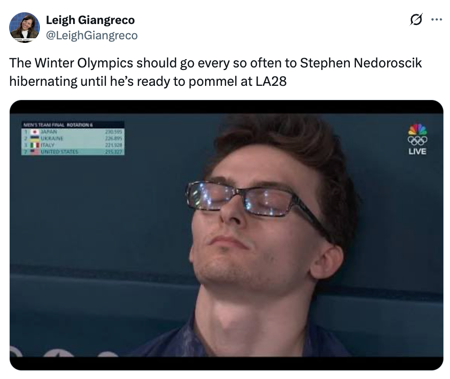 A idiosyncratic   with closed eyes, captioned arsenic  hibernating until LA28 Winter Olympics. Background substance   shows standings of a men's squad  last  competition