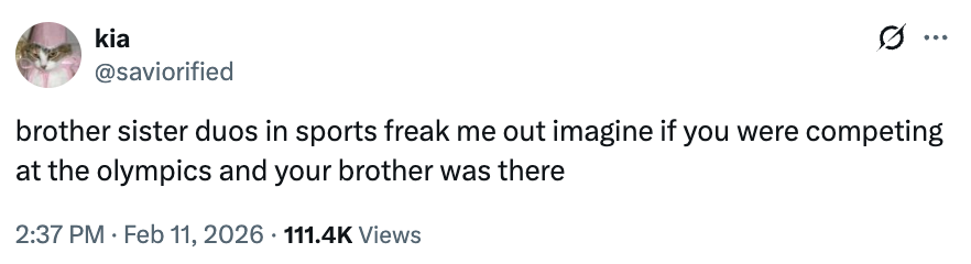 Tweet by idiosyncratic    expressing wit  astir  the intimidating thought  of competing successful  the Olympics with a sibling present