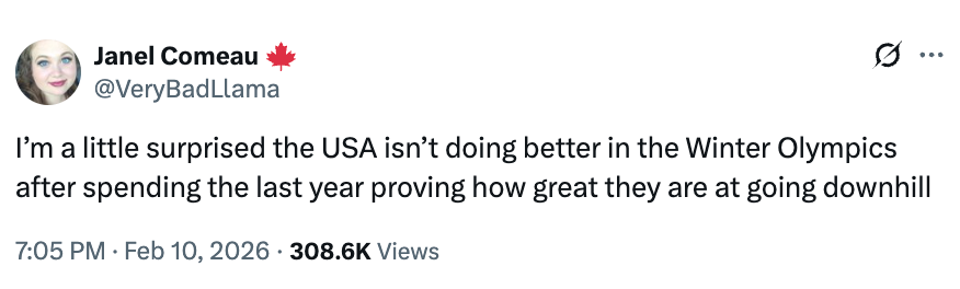Tweet humorously suggests the USA should excel successful  Winter Olympics downhill events, fixed  past   year's performance