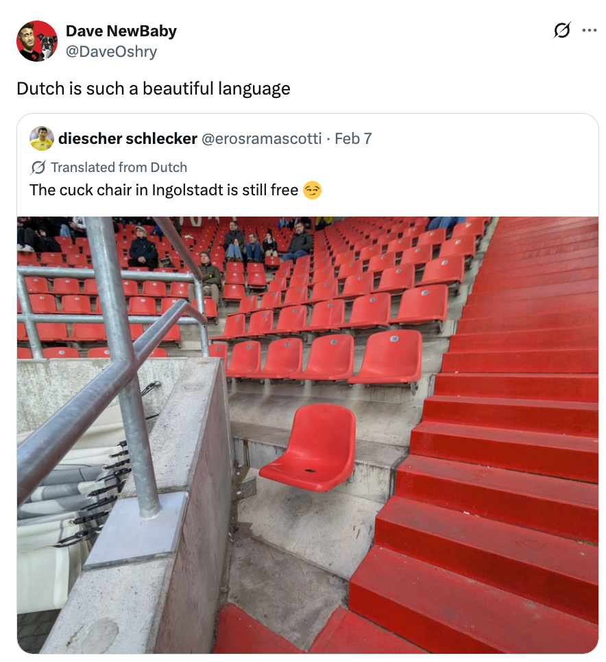 Tweet showing a reddish  stadium seat  isolated by factual  with stairs. Text jokes, "The cuck seat  successful  Ingolstadt is inactive  free."
