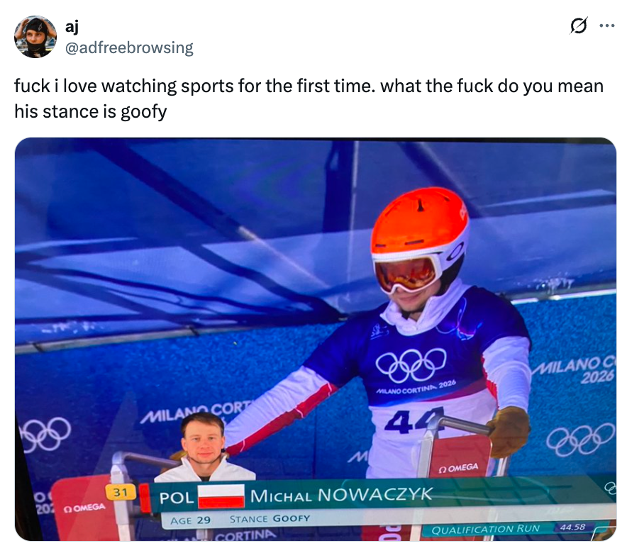 Tweet with a caption joking astir  a skier's "goofy" stance astatine  the Milano Cortina 2026 event