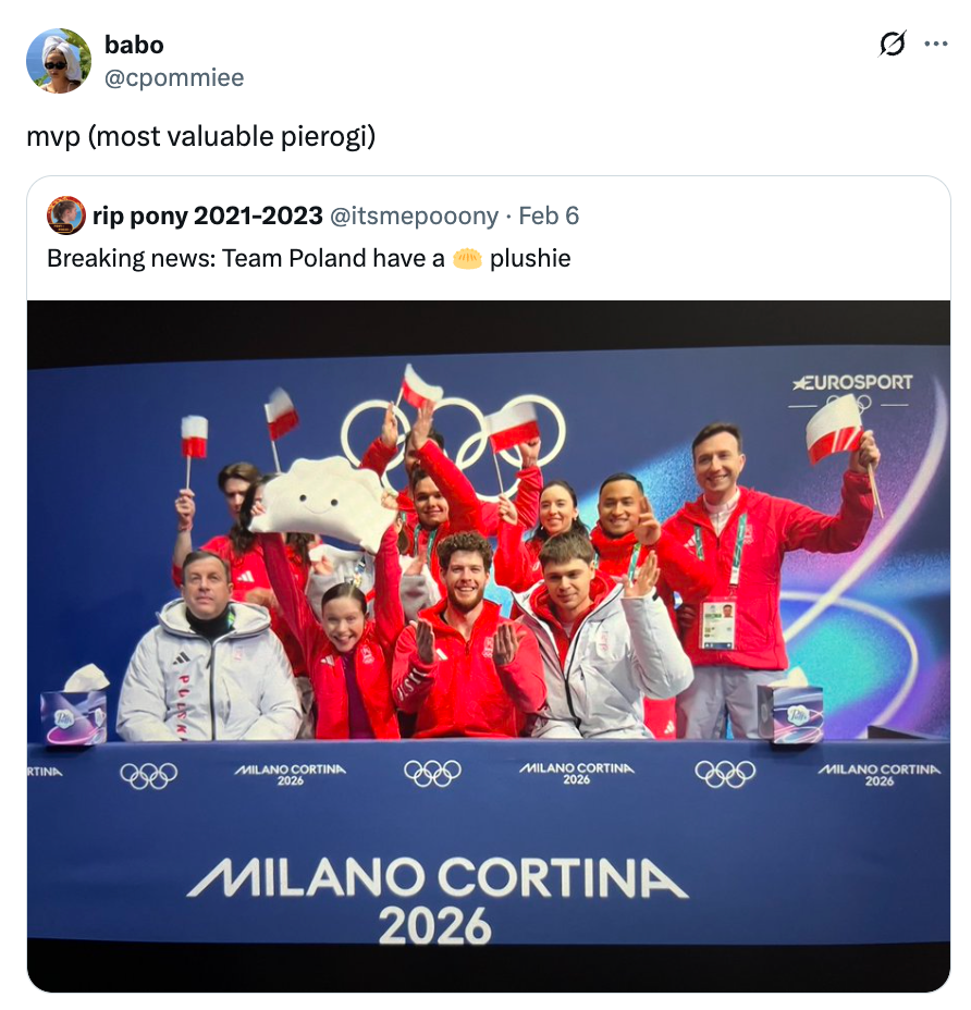 Image of the Polish Olympic squad  posing with flags and a cute plushie during a property   lawsuit   for Milano Cortina 2026