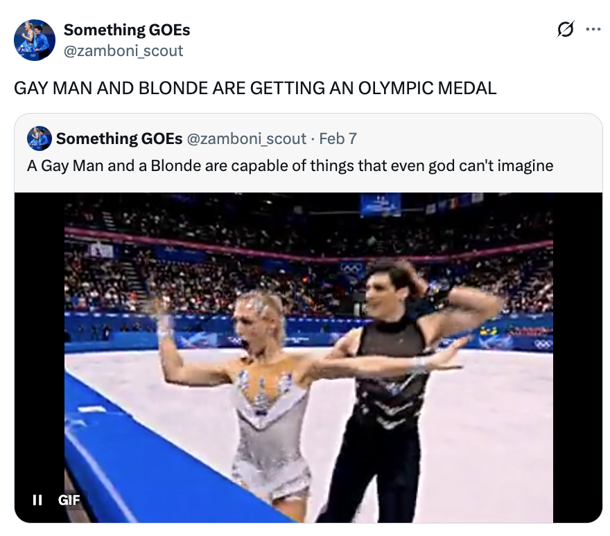 Figure skaters execute  connected  ice; the tweet highlights their achievements and defies stereotypes