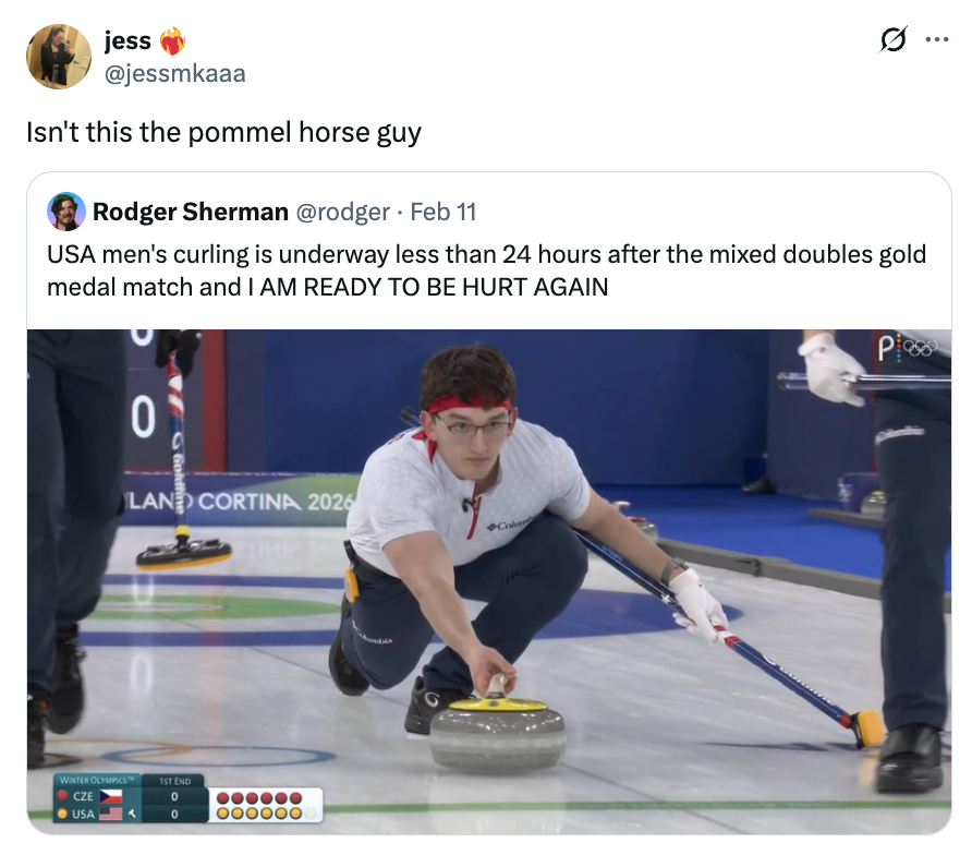 A antheral   is curling, intently sliding a chromatic  connected  the crystal  during a match. A Twitter user's remark  supra  references him arsenic  "the pommel equine  guy."