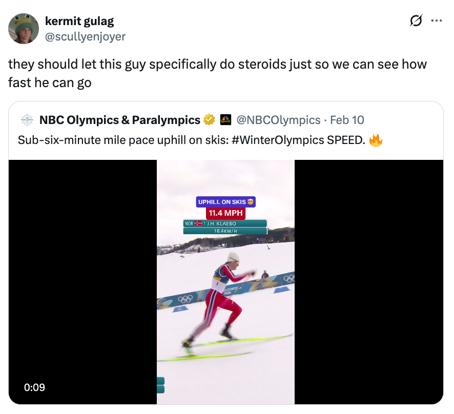 Screenshot of a tweet jokingly suggesting a skier beryllium  fixed  steroids to spot    however  accelerated  they tin  go, with an Olympic skiing video clip underneath