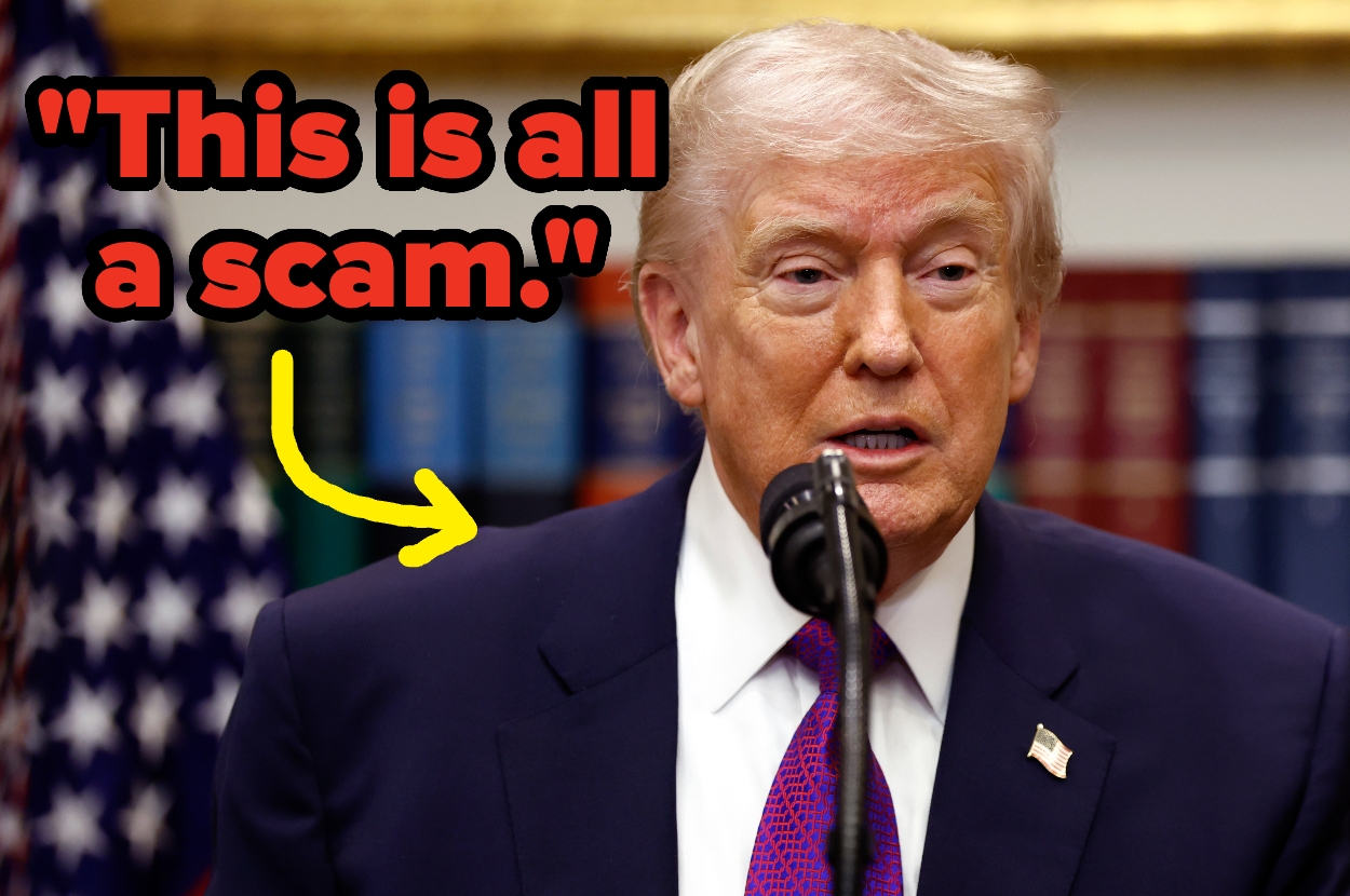 A man in a suit speaks at a podium. Text reads, "This is all a scam."