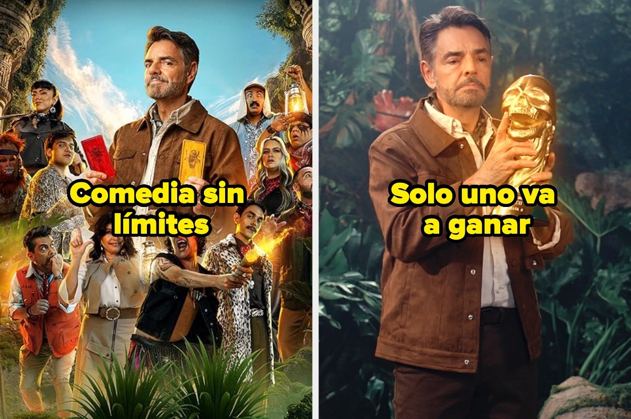 Collage de promoción de una película o serie de comedia, con un hombre sosteniendo un objeto dorado, rodeado de personajes en un entorno selvático
