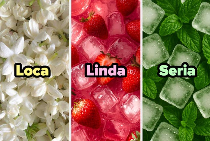 Imagen dividida en tres secciones con flores blancas, fresas con hielo y hojas de menta; etiquetadas como "Loca", "Linda" y "Seria"
